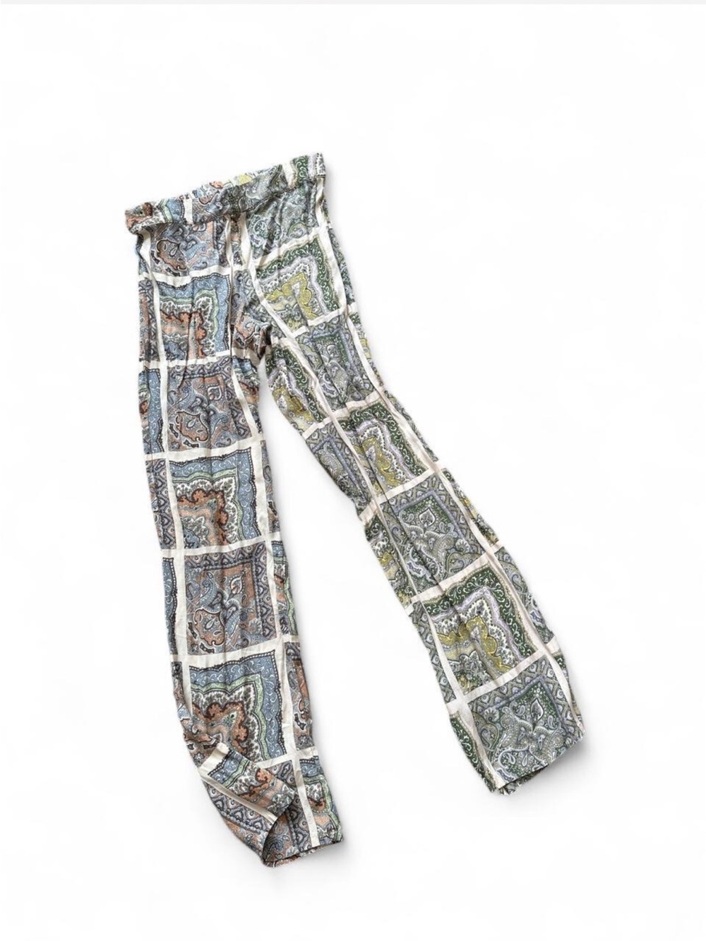 SANDSHAPED tapestry paisley print flare pants with white grid tapestry